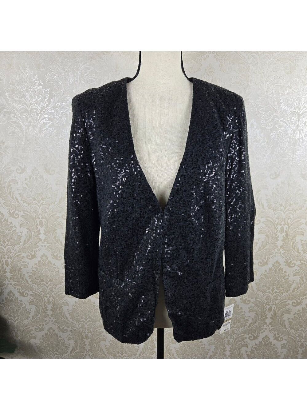 Charter Club Size 12 Black Sequin Blazer 3/4 Sleeves Faux Front Pockets NWT